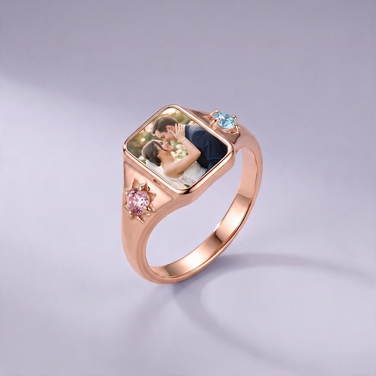 Photo Birthstone Signet Ring in rose gold with pink and aquamarine birthstones