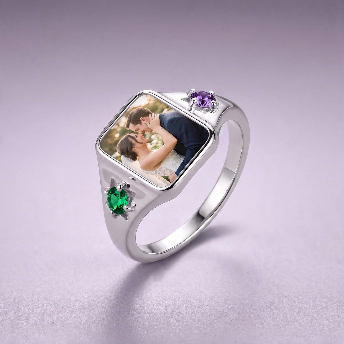 Photo Birthstone Signet Ring in silver with emerald and amethyst birthstones