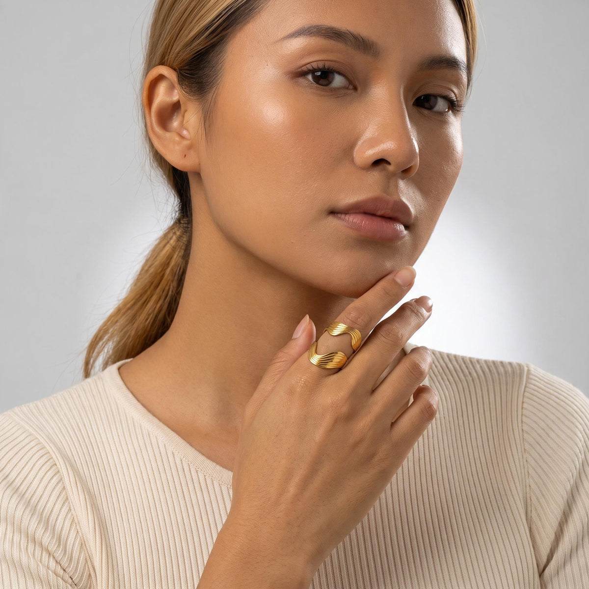 Ribbed Ripple Ring worn by a model