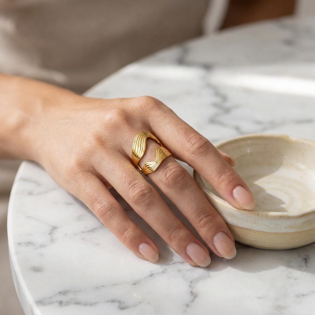 Ribbed Ripple Ring worn on the hand