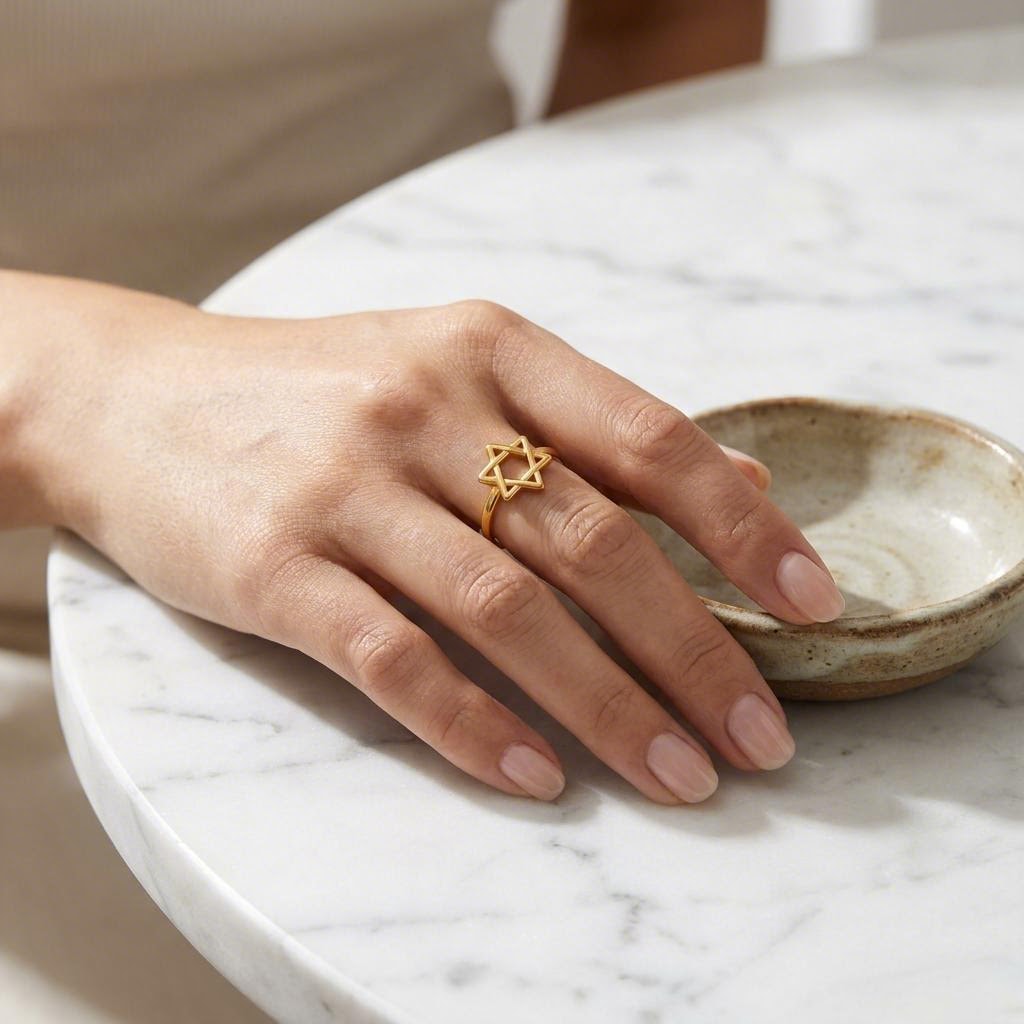 Six Point Star Ring worn on the hand