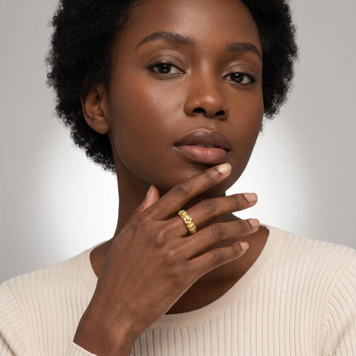 Swirl Relief Ring worn by a model