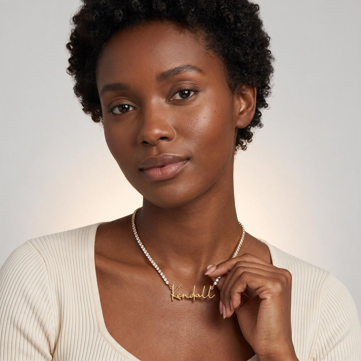 Tennis Name Necklace worn by a model