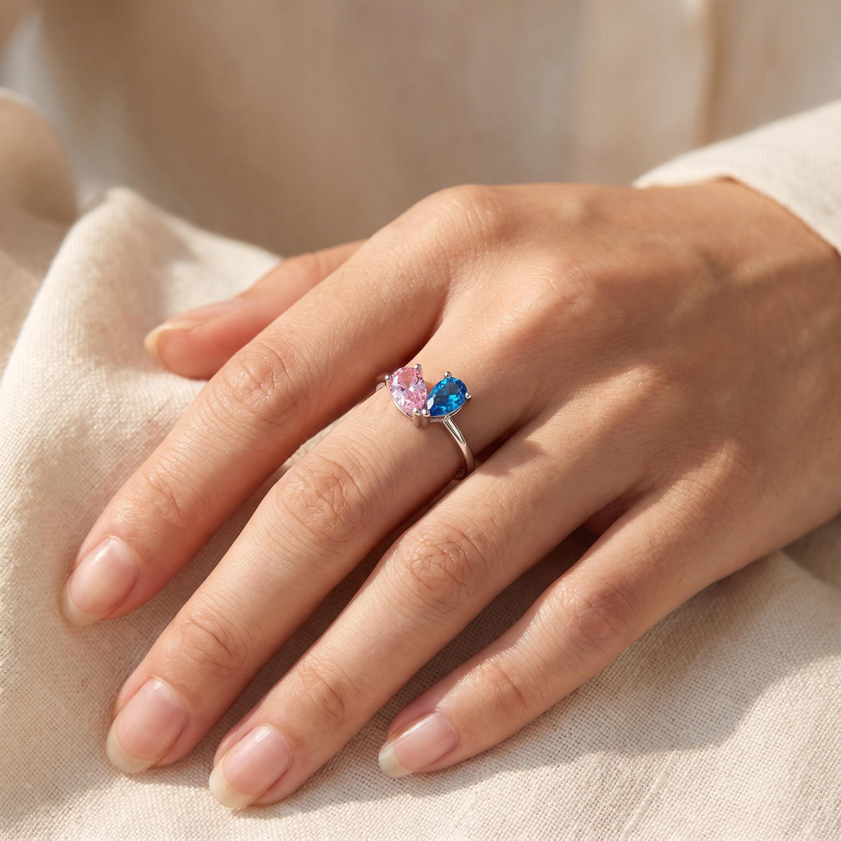 Silver together birthstone ring worn