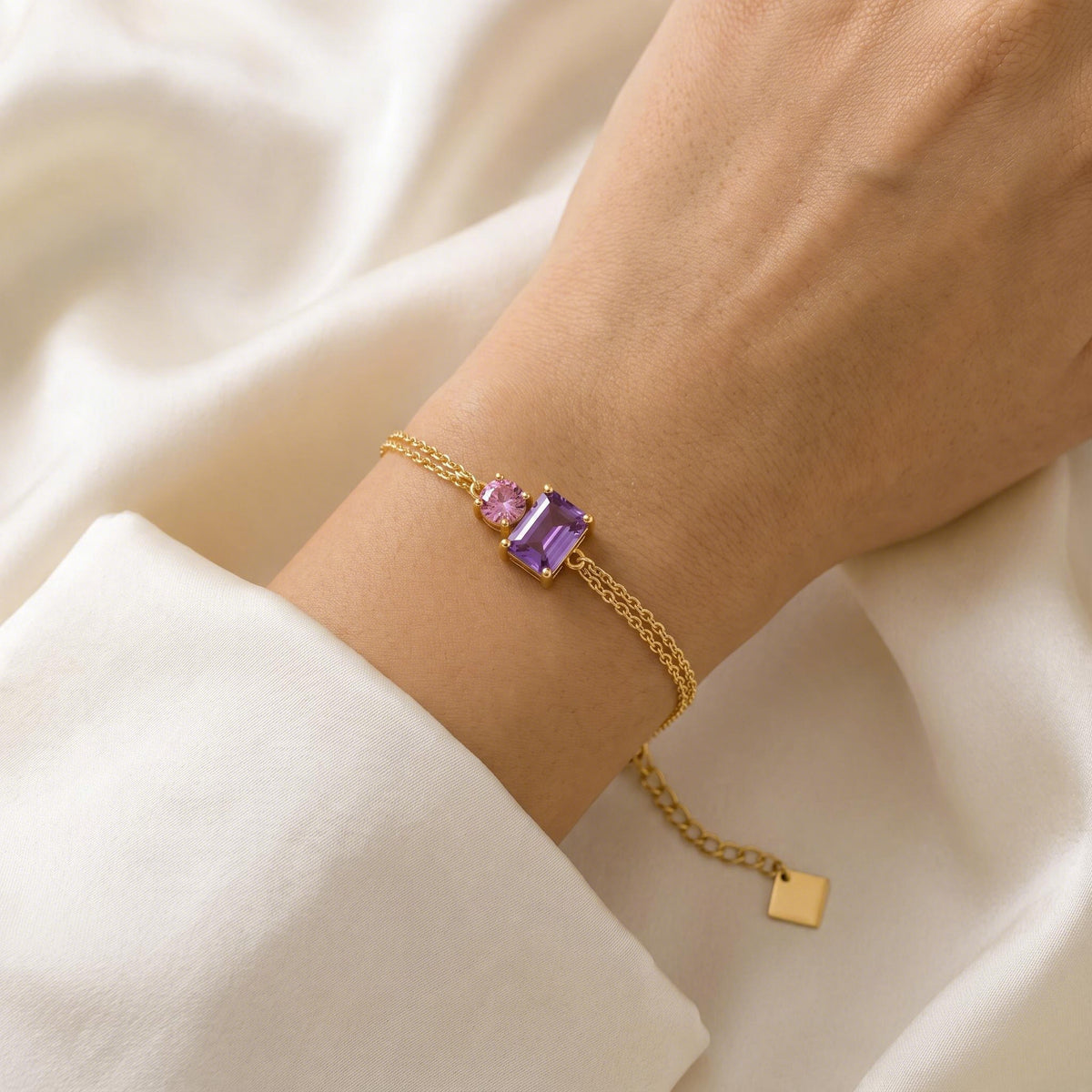 Two-Stone Birthstone Bracelet on the wrist